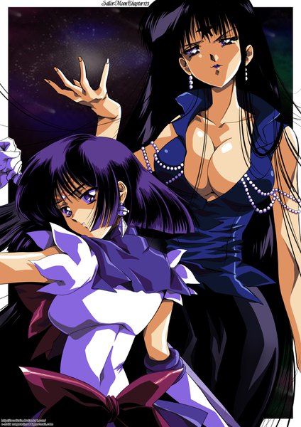 Anime picture 2480x3507 with bishoujo senshi sailor moon toei animation sailor moon monster book tomoe hotaru mistress 9 hinomars19 long hair tall image looking at viewer fringe highres short hair breasts light erotic black hair large breasts purple eyes multiple girls cleavage purple hair