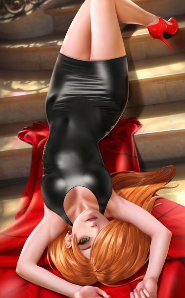Anime picture 3568x5724 with kim possible kimberly ann possible yi qiang single long hair tall image looking at viewer fringe highres breasts light erotic large breasts green eyes absurdres cleavage lying parted lips from above hair over one eye orange hair