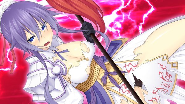 Anime picture 1280x720 with sangoku hime unicorn-a long hair open mouth blue eyes light erotic wide image game cg purple hair torn clothes girl