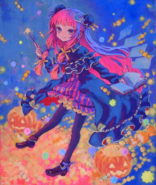 Anime picture 1313x1558 with touhou patchouli knowledge ama-tou single long hair tall image blush fringe smile pink hair pink eyes hair bun (hair buns) halloween traditional media girl dress pantyhose food sweets book (books)