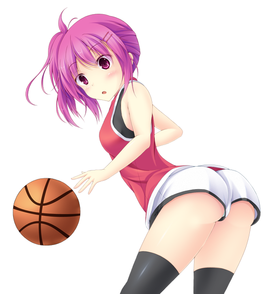 Anime picture 1093x1200 with original wata (akawata) single tall image looking at viewer blush short hair open mouth light erotic purple eyes purple hair transparent background girl thighhighs black thighhighs shorts ball white shorts basketball ball