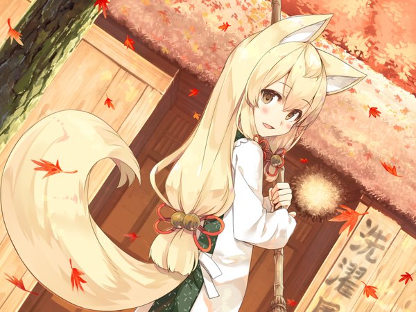 Anime picture 3174x2382 with ayakashi kyoushuutan okon cura single long hair looking at viewer blush fringe highres open mouth blonde hair smile hair between eyes twintails holding brown eyes animal ears absurdres outdoors tail