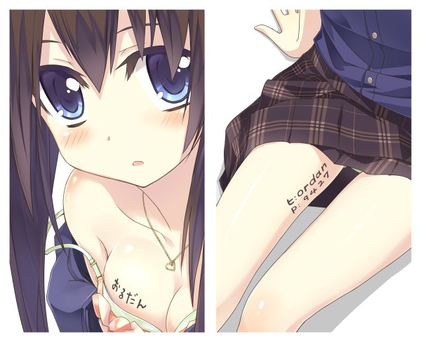 Anime picture 1200x976 with original pixiv orda single long hair looking at viewer blush open mouth blue eyes light erotic brown hair sitting cleavage tattoo thighs skirt lift strap slip girl skirt underwear