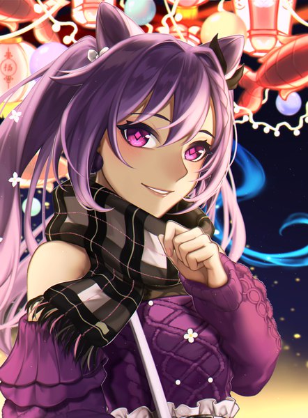 Anime picture 1498x2035 with genshin impact keqing (genshin impact) keqing (lantern rite) (genshin impact) yumpnt single long hair tall image looking at viewer fringe smile hair between eyes purple eyes twintails bare shoulders purple hair upper body hair bun (hair buns) official alternate costume girl scarf