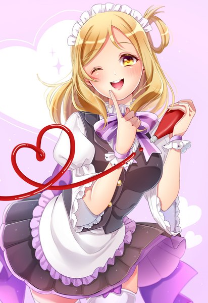 Anime picture 1300x1891 with love live! sunshine!! sunrise (studio) love live! ohara mari shuga (0329tixi) single long hair tall image open mouth blonde hair yellow eyes one eye closed wink teeth maid finger to mouth ;d hair rings heart of string girl