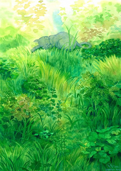 Anime picture 712x1000 with original efira single tall image signed sleeping no people traditional media watercolor (medium) plant (plants) animal cat grass