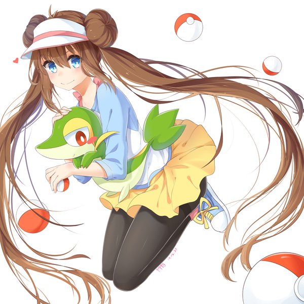 Anime-Bild 3543x3543 mit pokemon pokemon black and white nintendo rosa (pokemon) snivy transistor (poppy) single looking at viewer blush highres blue eyes smile brown hair white background twintails absurdres very long hair gen 5 pokemon girl dress