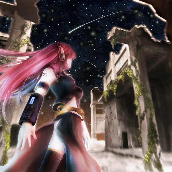 Anime picture 1245x1245 with vocaloid megurine luka azzie (pixiv) single long hair breasts light erotic looking away outdoors red hair looking back from below midriff tattoo night sky looking up ruins shooting star girl thighhighs