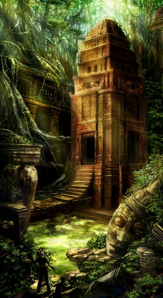 Аниме картинка 1100x2000 с оригинальное изображение umedama высокое изображение сзади пейзаж силуэт руины мужчина растение (растения) дерево (деревья) здание (здания) лес лестница статуя корни джунгли