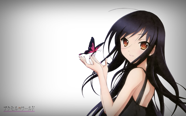 Anime picture 1440x900 with accel world sunrise (studio) kuroyukihime vandera ramdhani single long hair looking at viewer fringe black hair simple background smile bare shoulders brown eyes ahoge upper body fingernails wind grey background wallpaper copyright name