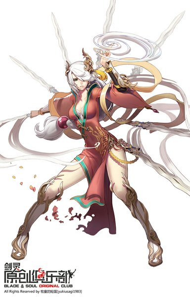 Anime picture 602x940 with blade & soul original yukiusagi1983 single long hair tall image fringe simple background white background green eyes looking away white hair traditional clothes hair over one eye copyright name torn clothes chinese clothes fighting stance girl dress