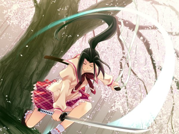 Anime picture 1600x1200 with hanafubuki kirinji himawari black hair game cg skirt sword serafuku katana