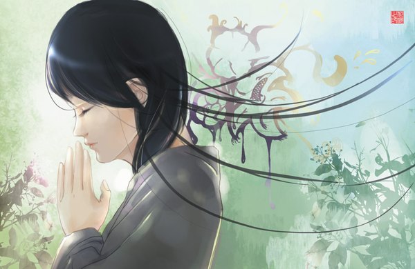 Anime picture 1026x668 with original huachui (artist) single long hair black hair eyes closed profile lipstick praying girl plant (plants)