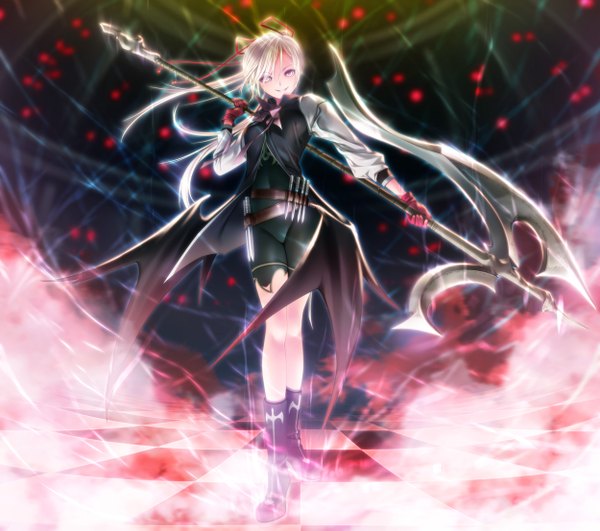 Anime picture 1250x1107 with original rezi single long hair looking at viewer red eyes silver hair ponytail checkered floor girl gloves ribbon (ribbons) weapon hair ribbon boots blouse scythe dagger polearm