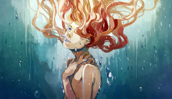 Anime picture 1200x688 with original pege (artist) single long hair open mouth blue eyes wide image orange hair wavy hair underwater girl bubble (bubbles)