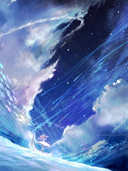 Anime picture 600x800 with megatruh single long hair tall image standing pink hair cloud (clouds) shooting star girl dress animal white dress star (stars) fish (fishes) watercraft boat spyglass