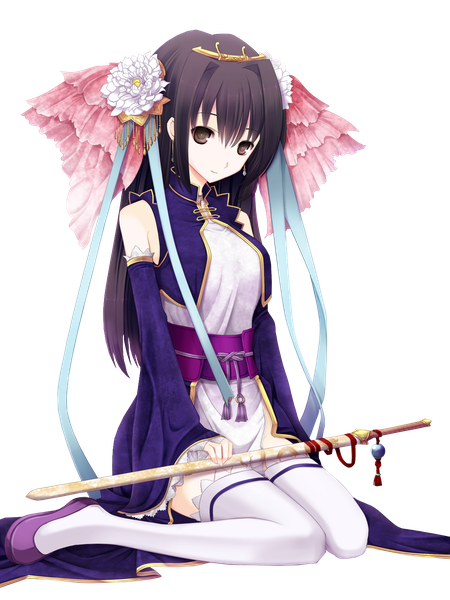 Anime-Bild 1125x1500 mit austinjklim single long hair tall image fringe black hair smile sitting brown eyes bent knee (knees) hair flower kneeling girl thighhighs hair ornament flower (flowers) weapon detached sleeves earrings white thighhighs