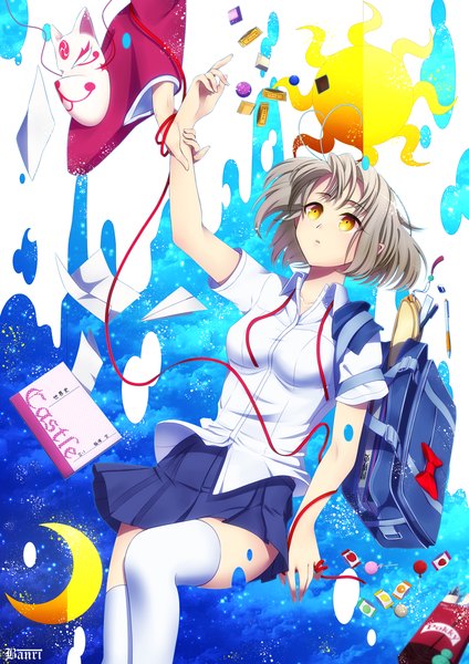 Anime picture 848x1200 with original banri single tall image short hair yellow eyes grey hair looking up girl thighhighs skirt shirt white thighhighs mask school bag thread red thread