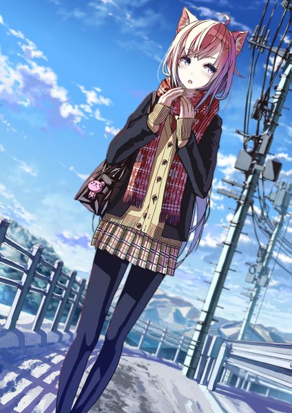 Anime picture 919x1300 with original 108tooya single tall image short hair open mouth blonde hair purple eyes animal ears sky cloud (clouds) ahoge very long hair dutch angle winter snow mountain walking girl skirt