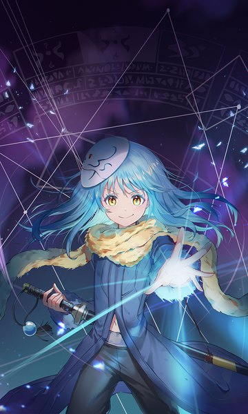 Anime picture 740x1233 with tensei shitara slime datta ken 8bit rimuru tempest oso 5425 single long hair tall image looking at viewer smile yellow eyes blue hair outstretched hand mask on head androgynous weapon sword scarf mask