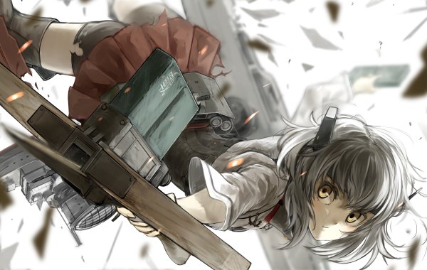 Anime picture 1200x760 with kantai collection taihou armored aircraft carrier nishiuri (artist) single blush short hair white background yellow eyes looking away pleated skirt grey hair torn clothes spread arms falling girl skirt weapon crossbow