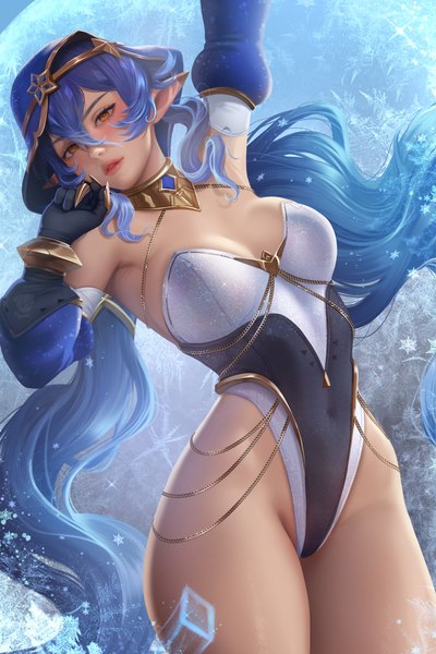 Anime picture 4000x6000 with genshin impact layla (genshin impact) olga narhova single tall image looking at viewer blush fringe highres breasts light erotic hair between eyes large breasts standing twintails brown eyes signed payot blue hair absurdres