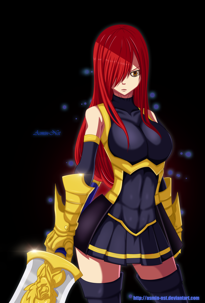 Anime picture 1971x2910 with fairy tail erza scarlet iitheluciferii single long hair tall image fringe highres simple background brown eyes red hair hair over one eye coloring black background girl weapon armor huge weapon huge sword