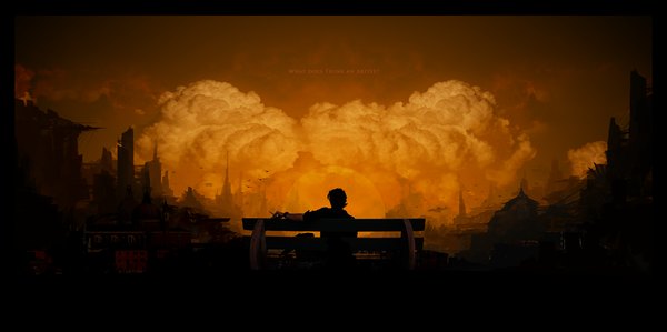 Anime picture 1200x598 with original grivetart wide image cloud (clouds) city cityscape silhouette science fiction boy animal bird (birds) cigarette bench aircraft