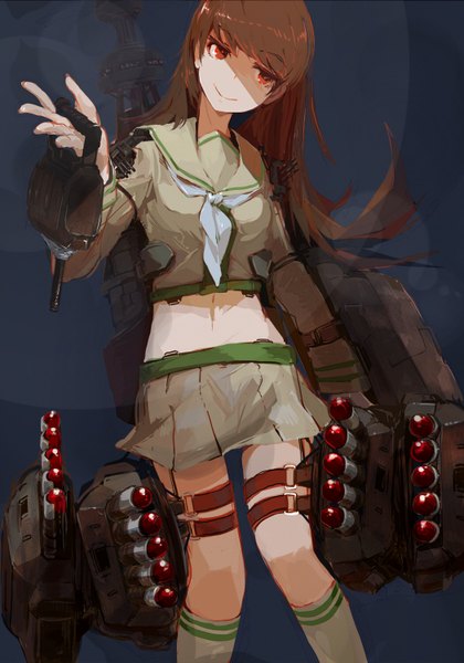 Anime picture 1050x1500 with kantai collection ooi light cruiser cus-tom single long hair tall image looking at viewer brown hair brown eyes head tilt bare belly girl skirt navel weapon miniskirt socks belt gun thigh strap