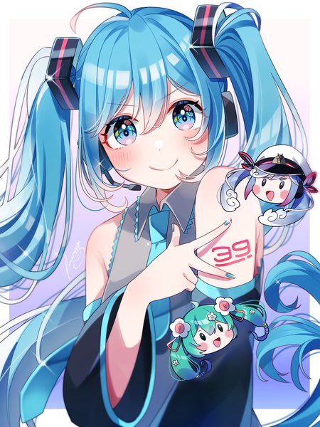 Anime-Bild 2000x2667 mit vocaloid magical mirai (vocaloid) hatsune miku yuki miku magical mirai miku magical mirai miku (2021) yuki miku (2022) edamameko single long hair tall image looking at viewer blush fringe highres blue eyes smile hair between eyes twintails signed