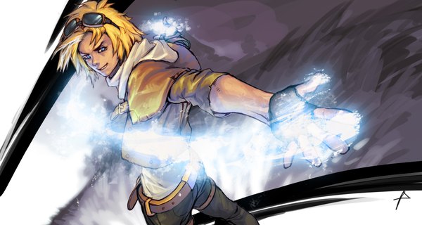 Anime picture 2250x1200 with league of legends ezreal (league of legends) penett (artist) single looking at viewer highres short hair open mouth blue eyes blonde hair smile wide image open clothes open jacket magic spread arms boy gloves belt goggles