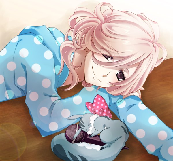 Anime picture 1500x1398 with brothers conflict idea factory asahina louis juli (brothers conflict) iroha (hime0x0) single long hair blush blonde hair smile purple eyes ponytail reclining polka dot boy animal table microphone squirrel