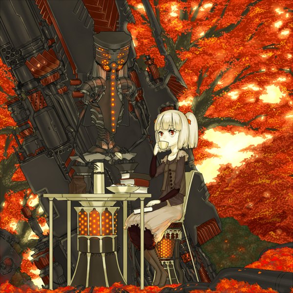 Anime picture 2699x2699 with asgr highres red eyes white hair mechanical girl skirt plant (plants) tree (trees) book (books) leaf (leaves) cup autumn leaves robot tea