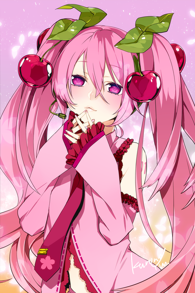 Anime picture 1280x1920 with vocaloid hatsune miku sakura miku kurono yuu single long hair tall image fringe hair between eyes twintails signed pink hair upper body pink eyes from above finger to mouth looking up hands clasped girl detached sleeves