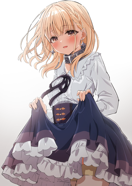Anime picture 2794x3914 with buta no liver wa kanetsu shiro jess (buta no liver wa kanetsu shiro) artina single long hair tall image blush highres open mouth simple background blonde hair yellow eyes looking away :d skirt hold girl skirt earrings blouse gorget