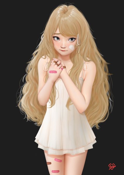 Anime picture 1240x1754 with original jubi (regiana) single long hair tall image looking at viewer blush blue eyes light erotic simple background blonde hair bare shoulders signed flat chest dark background wavy hair bandaid on face bandaid on leg bandaid on hand girl