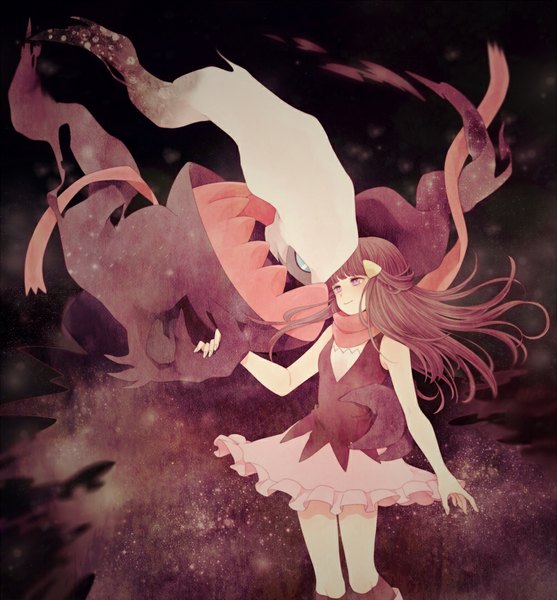 Anime picture 1000x1077 with pokemon nintendo dawn (pokemon) darkrai komasawa (fmn-ppp) single long hair tall image blush fringe smile brown hair purple eyes bare shoulders looking away wind gen 4 pokemon girl hair ornament animal