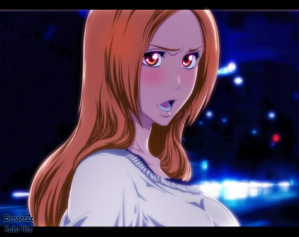 Anime picture 1000x793 with bleach studio pierrot inoue orihime benderzz single long hair blush open mouth orange hair orange eyes coloring portrait light girl