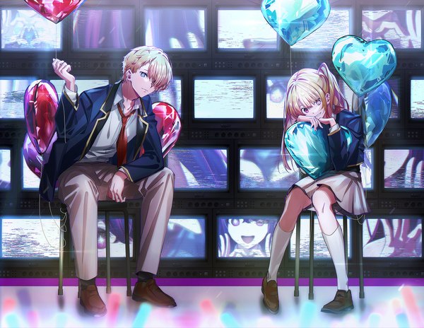 Anime picture 1200x927 with oshi no ko hoshino ruby hoshino aquamarine daenarys long hair looking at viewer fringe short hair blue eyes blonde hair sitting full body pink eyes hair over one eye one side up siblings twins brother and sister girl boy