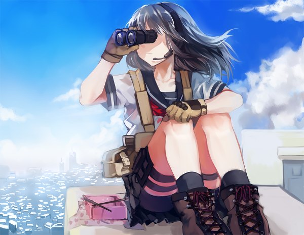 Anime picture 1200x931 with original rff (3 percent) single short hair sitting looking away sky silver hair cloud (clouds) military girl skirt gloves uniform school uniform shirt socks shoes headphones black socks