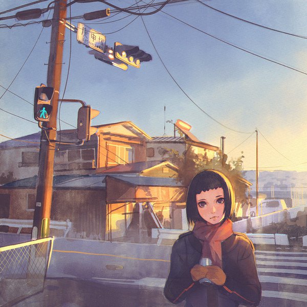 Anime picture 1080x1080 with original ilya kuvshinov single looking at viewer fringe short hair brown hair brown eyes sky upper body outdoors head tilt street morning crosswalk real world location girl gloves scarf building (buildings)