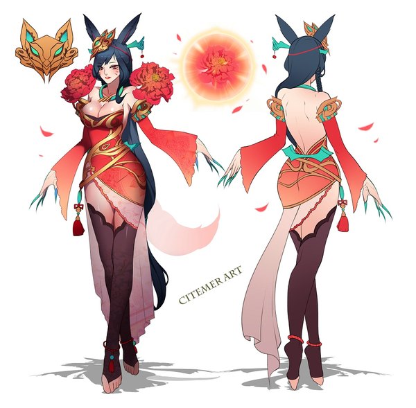 Anime picture 1024x1006 with league of legends ahri (league of legends) gu-ko citemer single looking at viewer light erotic black hair red eyes animal ears very long hair nail polish fingernails fox ears facial mark fox girl long fingernails whisker markings girl thighhighs dress