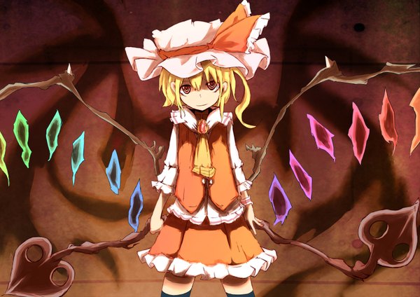 Anime picture 1680x1188 with touhou flandre scarlet hizakozouzu waaai single looking at viewer short hair blonde hair smile red eyes standing shadow one side up low wings girl thighhighs skirt weapon hat wings