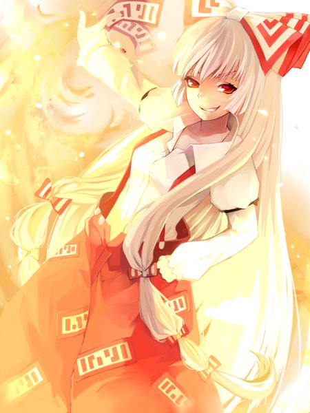 Anime picture 1500x2000 with touhou fujiwara no mokou settyaro single long hair tall image looking at viewer fringe open mouth smile red eyes holding white hair arms up teeth smirk albino girl ribbon (ribbons) bow