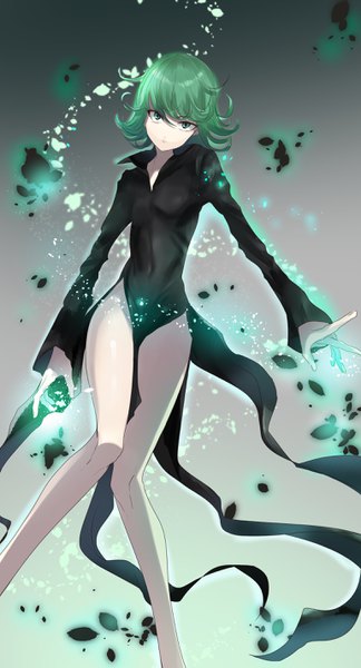 Anime picture 1540x2848 with one-punch man madhouse tatsumaki kayanogura single tall image looking at viewer fringe short hair light erotic green eyes green hair outstretched arm side slit weightlessness girl dress black dress