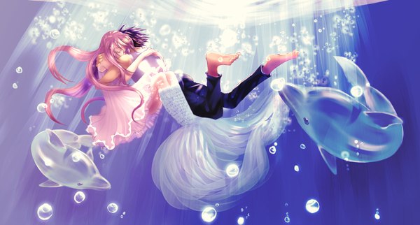 Anime picture 2280x1224 with original holixholi (goldfish) long hair fringe highres wide image pink hair purple hair eyes closed barefoot wet hug underwater muscle girl dress boy animal water bubble (bubbles)