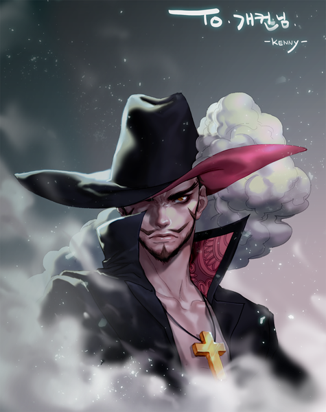Anime-Bild 1000x1263 mit one piece toei animation dracule mihawk kenny single tall image looking at viewer short hair black hair red eyes signed grey background portrait smoke eyebrows hat over eyes boy hat pendant cross