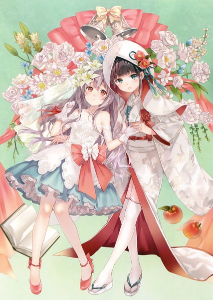 Anime picture 2346x3300 with original eshi 100-nin ten fukahire (ruinon) long hair tall image looking at viewer highres short hair blue eyes black hair red eyes multiple girls traditional clothes japanese clothes grey hair scan official art girl thighhighs dress