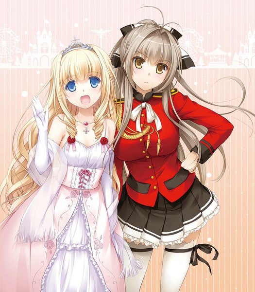 Anime picture 700x800 with amagi brilliant park kyoto animation sento isuzu latifa fleuranza nakajima yuka long hair tall image looking at viewer blush fringe breasts open mouth blue eyes blonde hair brown hair multiple girls holding green eyes ahoge ponytail