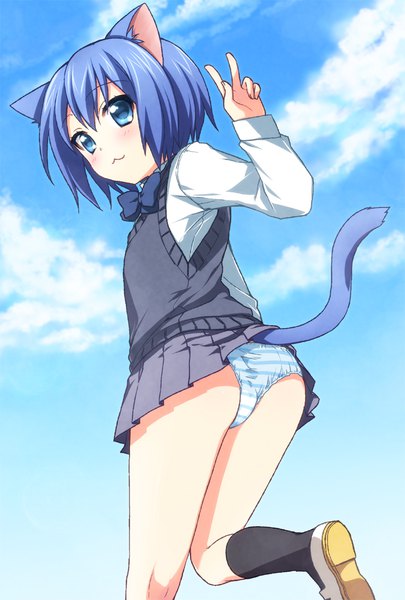 Anime picture 676x1000 with original onka usashiro mani single tall image looking at viewer blush fringe short hair blue eyes light erotic hair between eyes standing animal ears blue hair sky cloud (clouds) outdoors ass tail